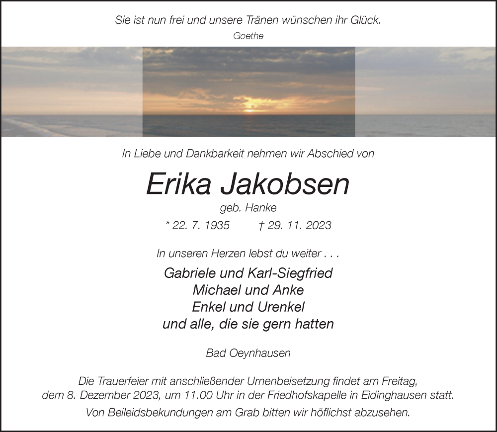  Traueranzeige für Erika Jakobsen vom 02.12.2023 aus Neue Westfälische