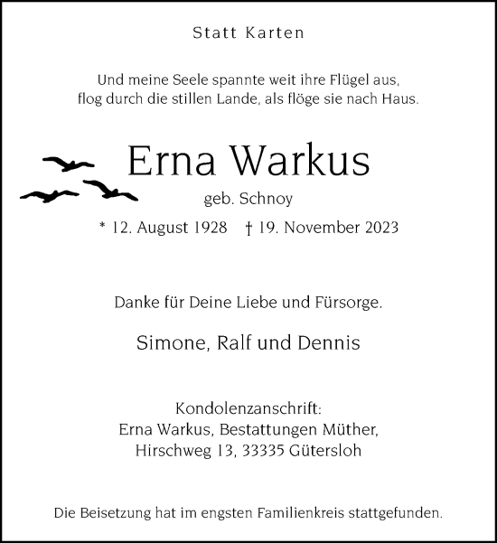 Traueranzeige von Erna Warkus von Neue Westfälische