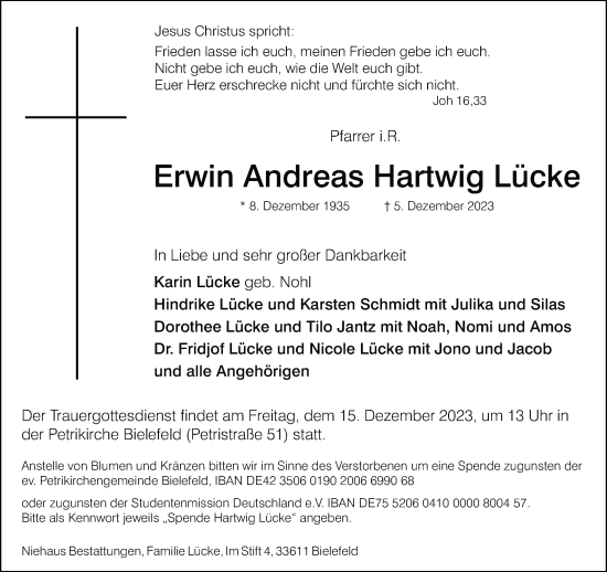 Traueranzeige von Erwin Andreas Hartwig Lücke von Neue Westfälische