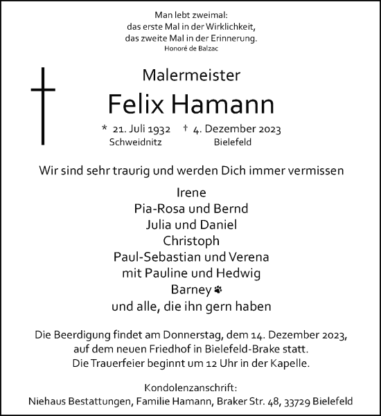 Traueranzeige von Felix Hamann von Neue Westfälische