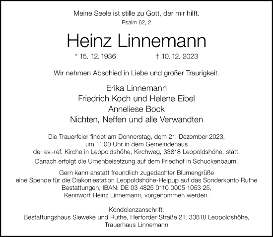 Traueranzeige von Heinz Linnemann von Neue Westfälische