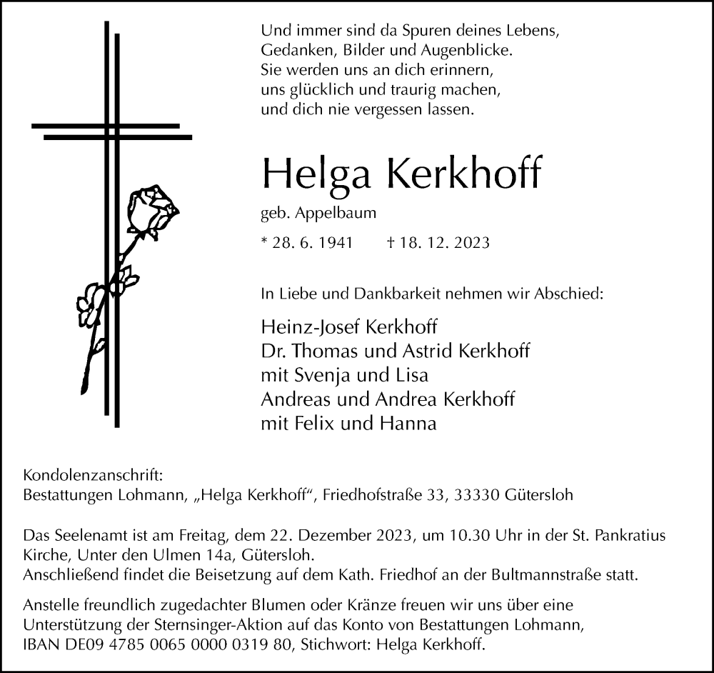  Traueranzeige für Helga Kerkhoff vom 20.12.2023 aus Neue Westfälische