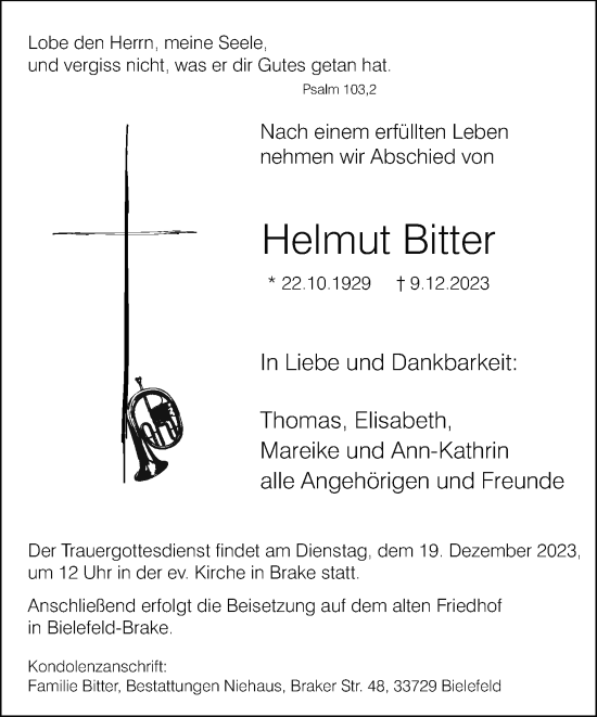 Traueranzeige von Helmut Bitter von Neue Westfälische