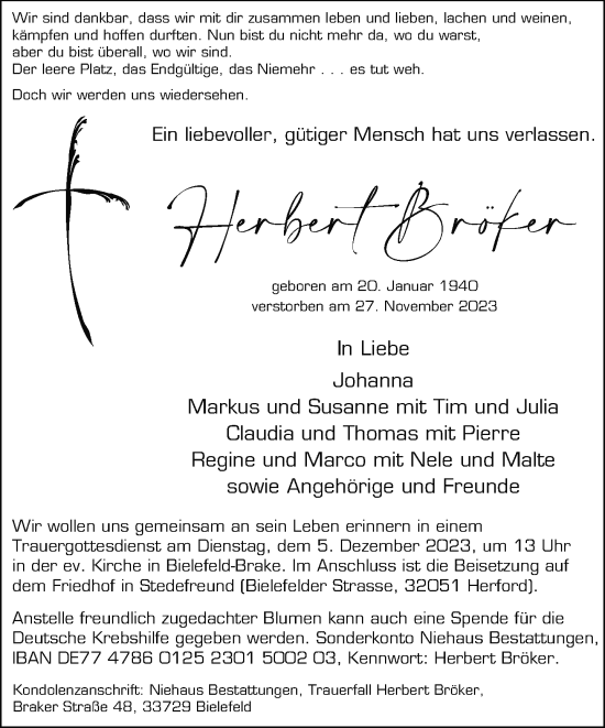 Traueranzeige von Herbert Bröker von Neue Westfälische