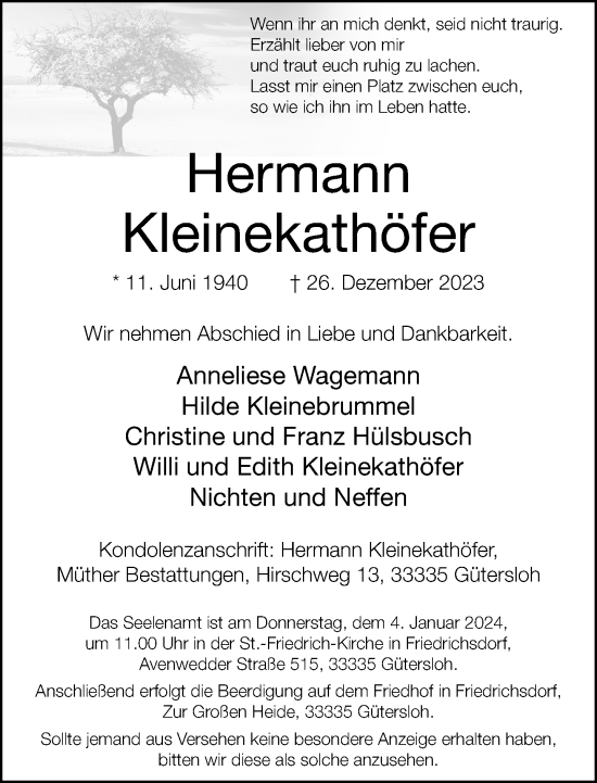 Traueranzeige von Hermann Kleinekathöfer von Neue Westfälische