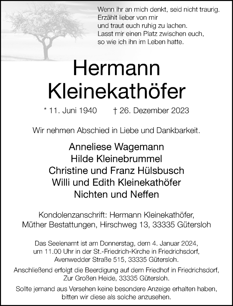  Traueranzeige für Hermann Kleinekathöfer vom 30.12.2023 aus Neue Westfälische