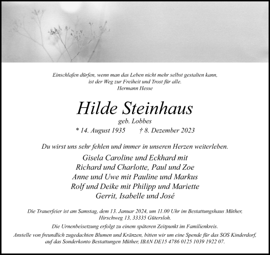 Traueranzeige von Hilde Steinhaus von Neue Westfälische