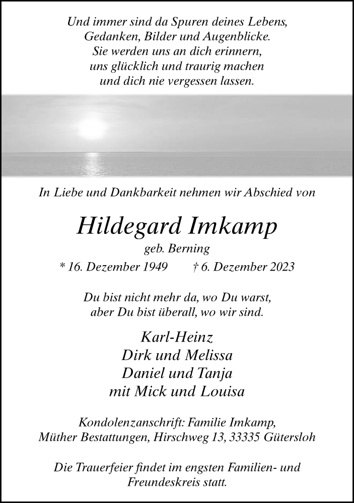  Traueranzeige für Hildegard Imkamp vom 09.12.2023 aus Neue Westfälische