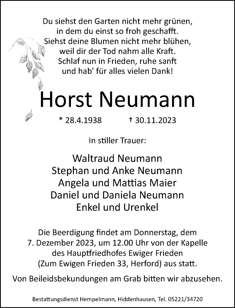  Traueranzeige für Horst Neumann vom 05.12.2023 aus Neue Westfälische