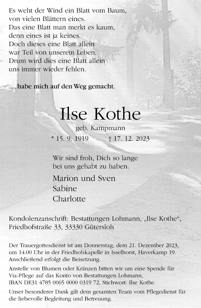  Traueranzeige für Ilse Kothe vom 19.12.2023 aus Neue Westfälische