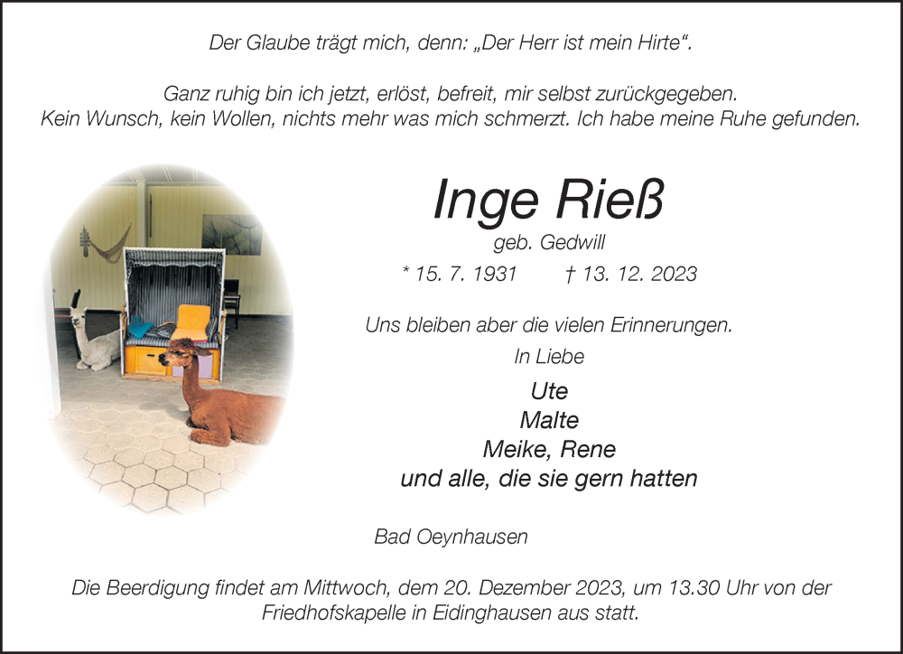  Traueranzeige für Inge Rieß vom 16.12.2023 aus Neue Westfälische
