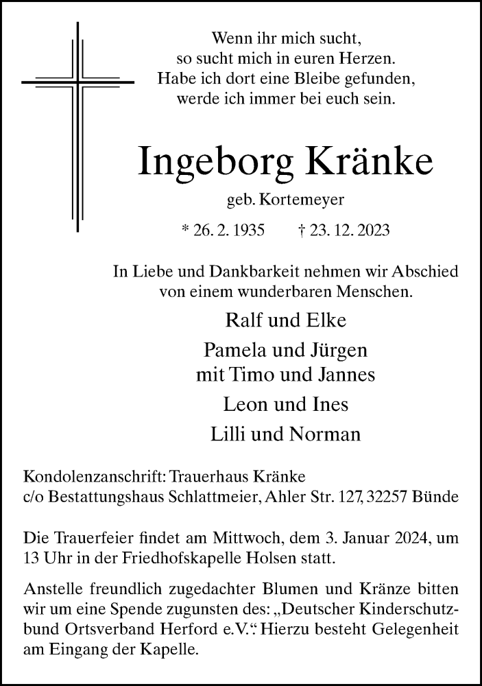  Traueranzeige für Ingeborg Kränke vom 30.12.2023 aus Neue Westfälische
