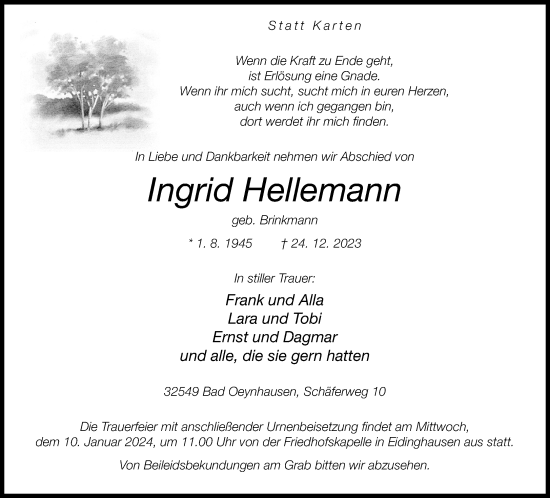 Traueranzeige von Ingrid Hellemann von Neue Westfälische