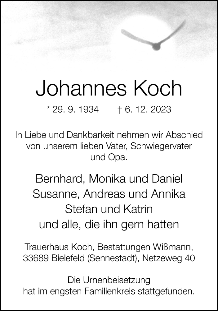  Traueranzeige für Johannes Koch vom 21.12.2023 aus Neue Westfälische
