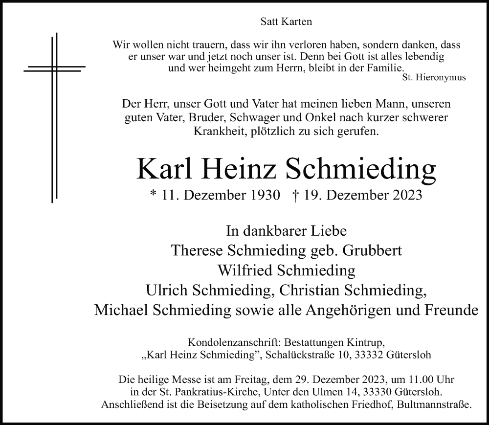  Traueranzeige für Karl Heinz Schmieding vom 23.12.2023 aus Neue Westfälische