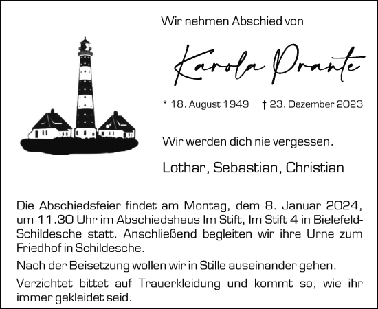 Traueranzeige von Karola Prante von Neue Westfälische