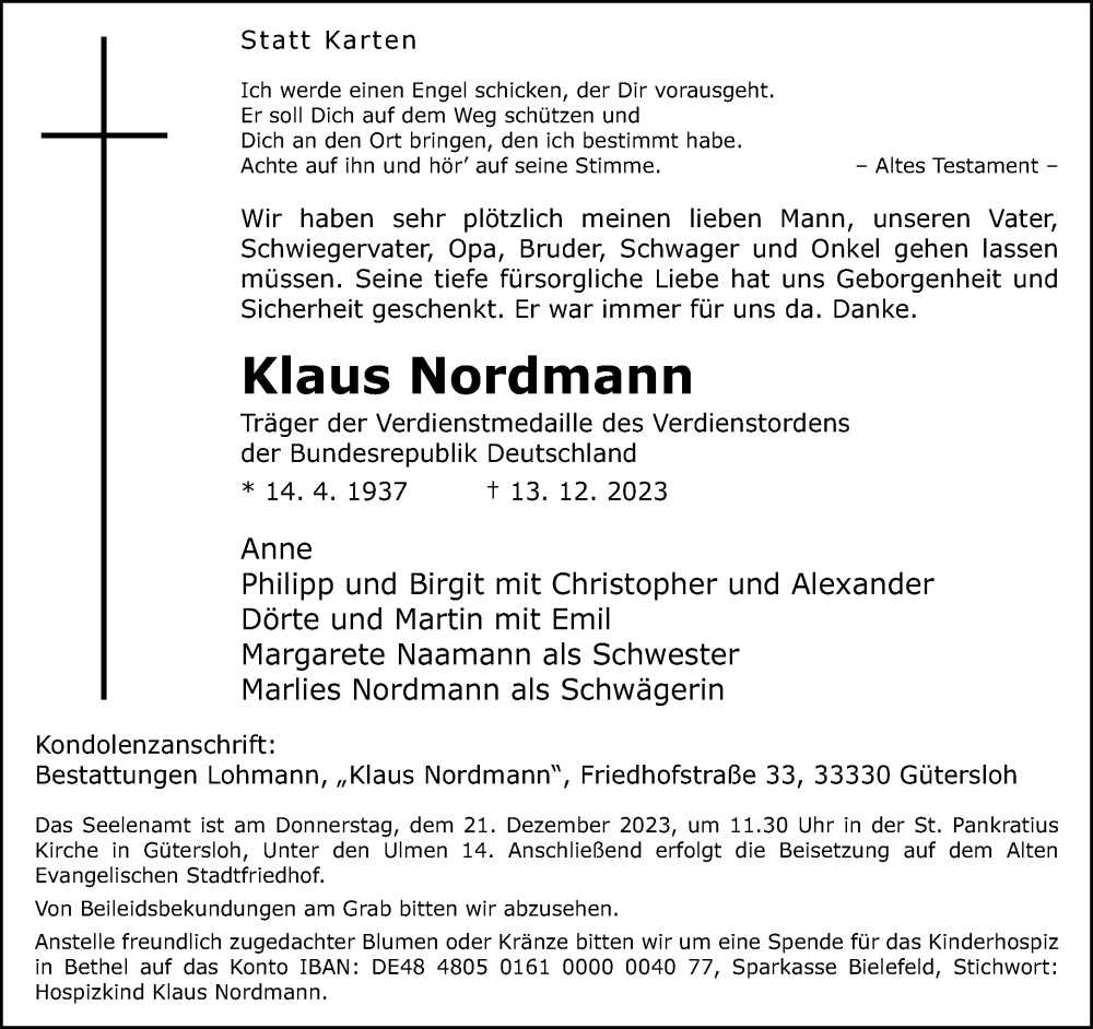  Traueranzeige für Klaus Nordmann vom 16.12.2023 aus Neue Westfälische