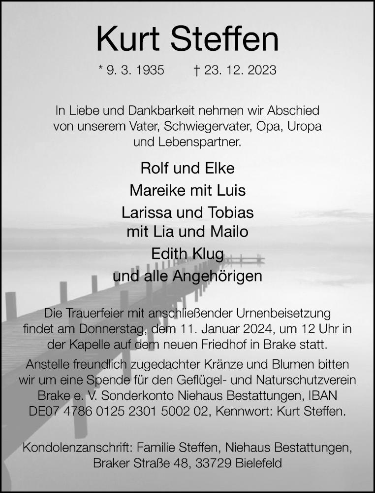  Traueranzeige für Kurt Steffen vom 30.12.2023 aus Neue Westfälische