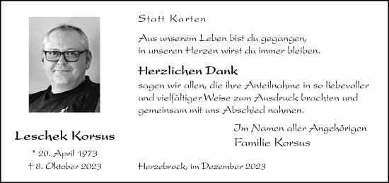 Traueranzeige von Leschek Korsus von Neue Westfälische