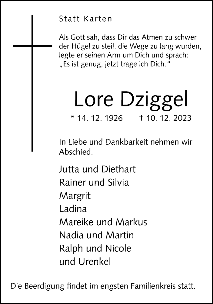  Traueranzeige für Lore Dziggel vom 13.12.2023 aus Neue Westfälische