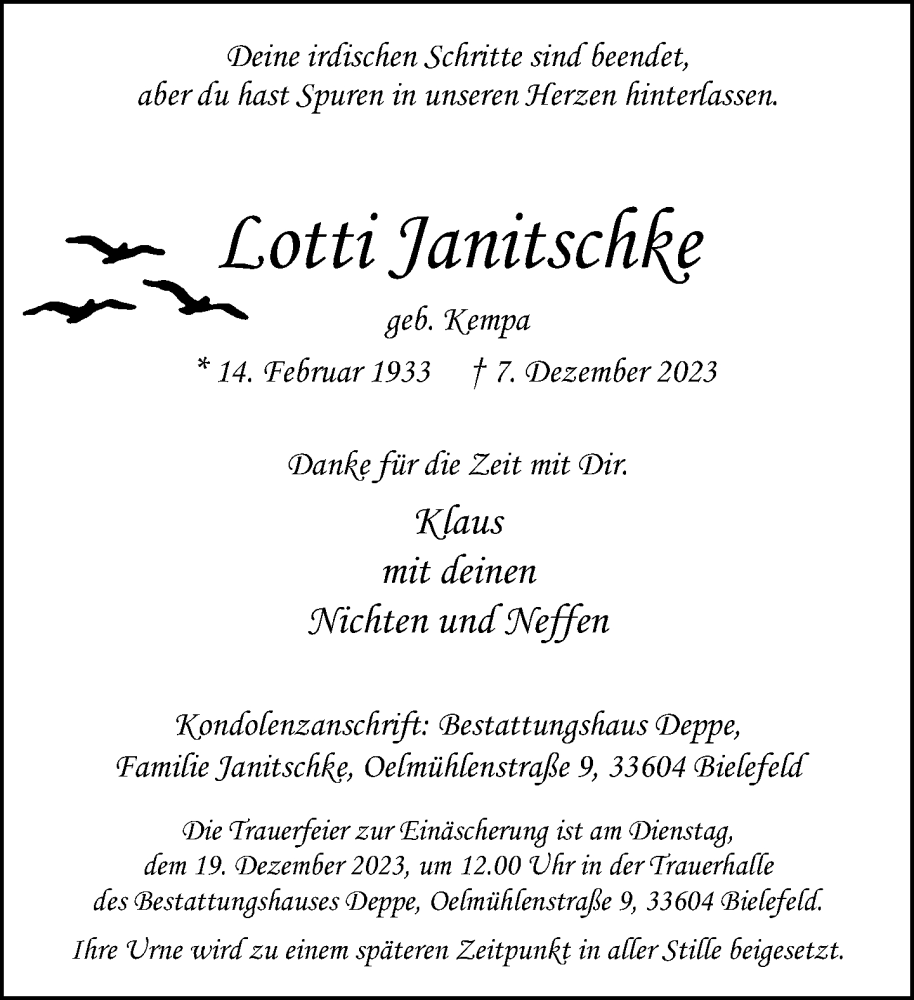  Traueranzeige für Lotti Janitschke vom 16.12.2023 aus Neue Westfälische