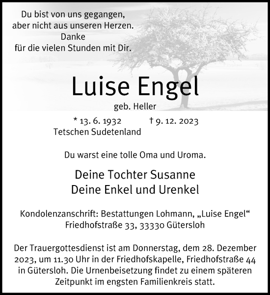 Traueranzeige von Luise Engel von Neue Westfälische