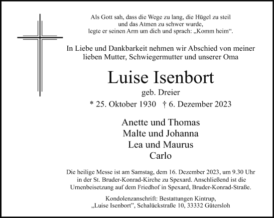 Traueranzeige von Luise Isenbort von Neue Westfälische