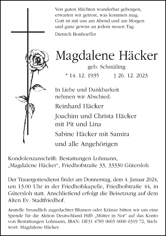 Traueranzeige von Magdalene Häcker von Neue Westfälische