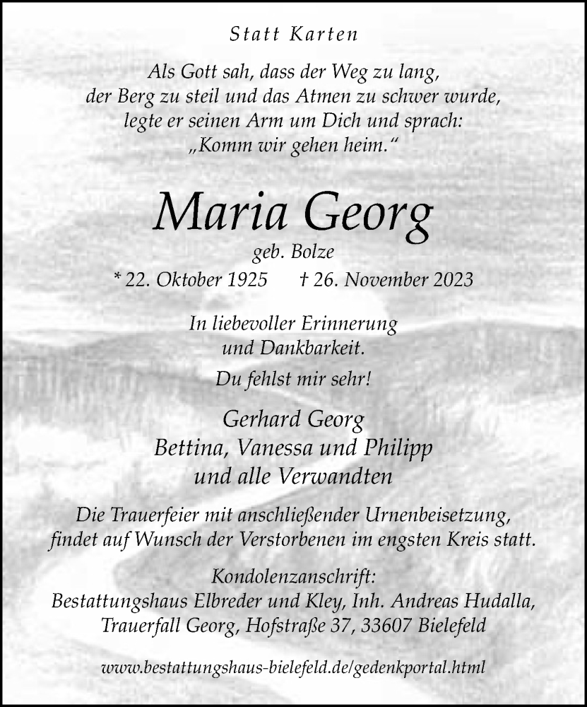  Traueranzeige für Maria Georg vom 02.12.2023 aus Neue Westfälische