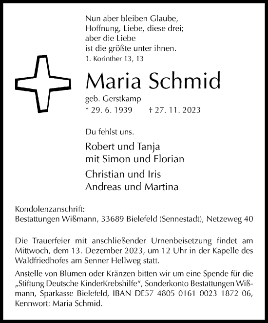 Traueranzeige von Maria Schmid von Neue Westfälische