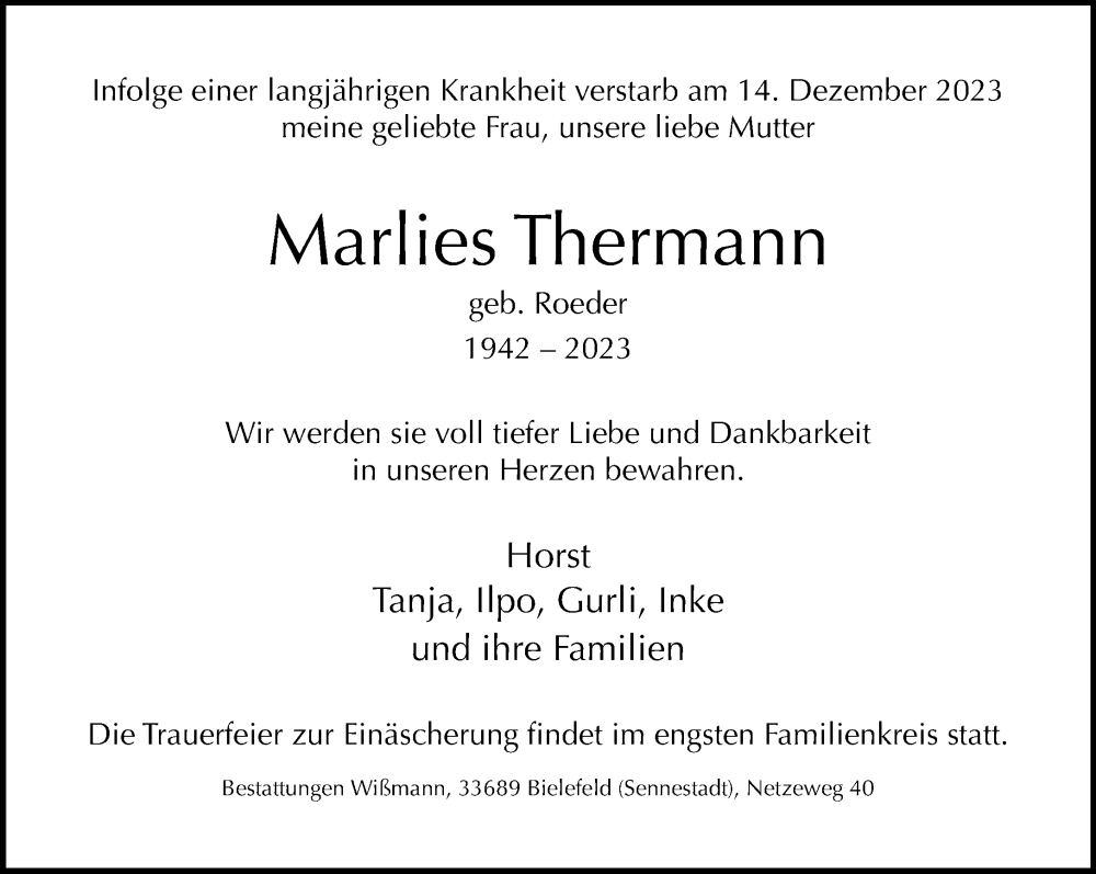  Traueranzeige für Marlies Thermann vom 16.12.2023 aus Neue Westfälische