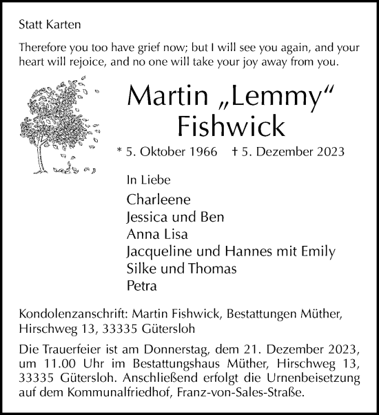 Traueranzeige von Martin Fishwick von Neue Westfälische