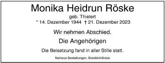 Traueranzeige von Monika Heidrun Röske von Neue Westfälische