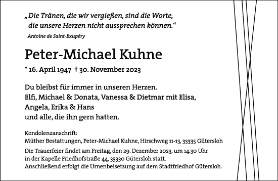 Traueranzeige von Peter-Michael Kuhne von Neue Westfälische