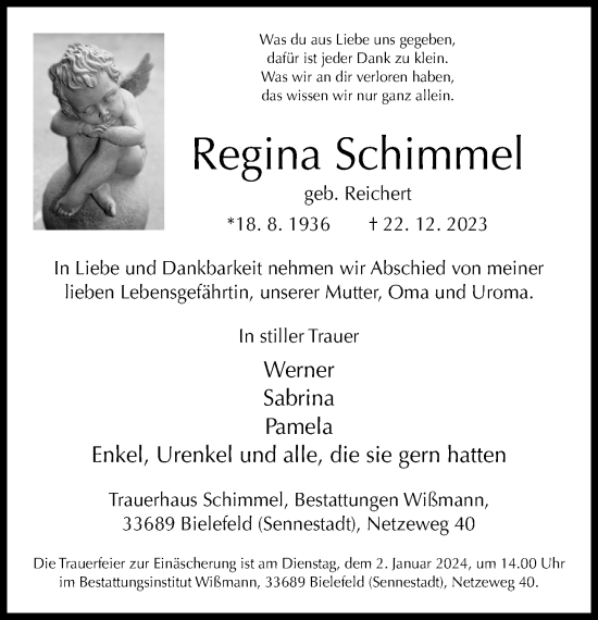 Traueranzeige von Regina Schimmel von Neue Westfälische
