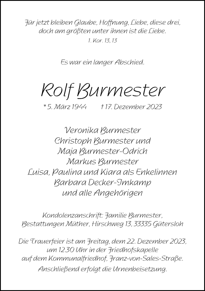  Traueranzeige für Rolf Burmester vom 20.12.2023 aus Neue Westfälische
