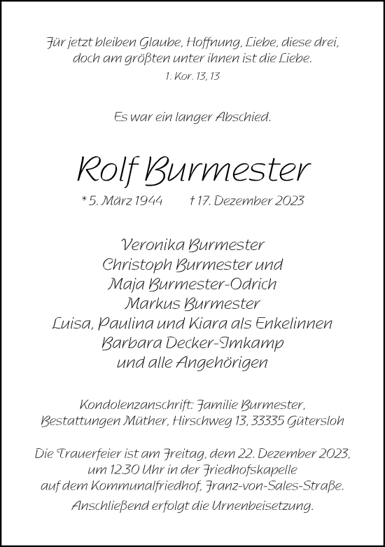 Traueranzeige von Rolf Burmester von Neue Westfälische