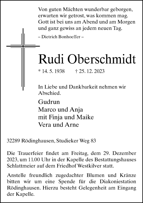 Traueranzeige von Rudi Oberschmidt von Neue Westfälische