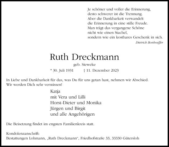 Traueranzeige von Ruth Dreckmann von Neue Westfälische