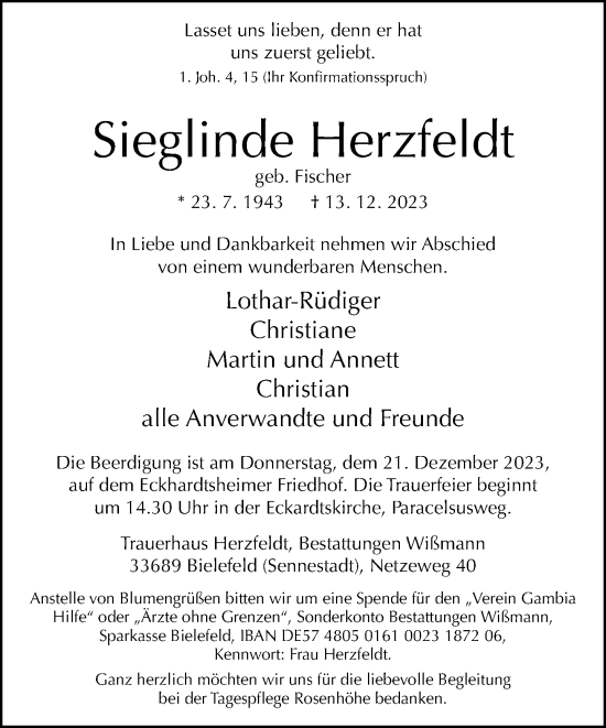 Traueranzeige von Sieglinde Herzfeldt von Neue Westfälische