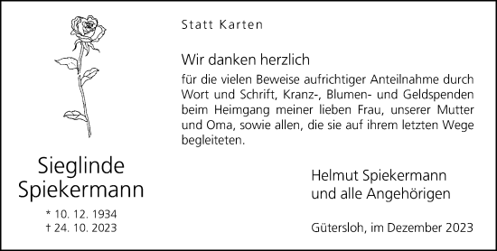 Traueranzeige von Sieglinde Spiekermann von Neue Westfälische