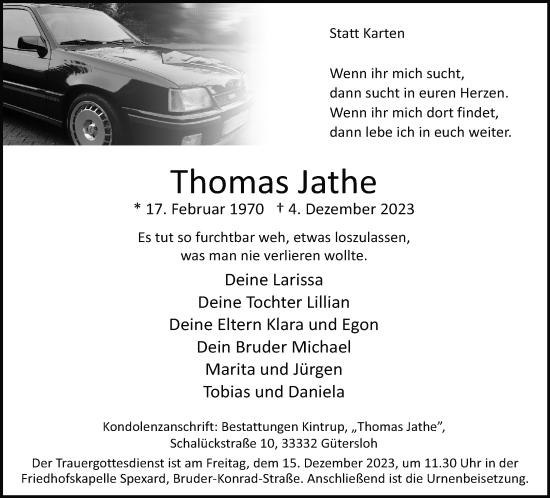 Traueranzeige von Thomas Jathe von Neue Westfälische