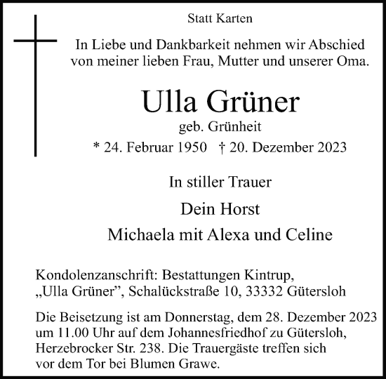 Traueranzeige von Ulla Grüner von Neue Westfälische