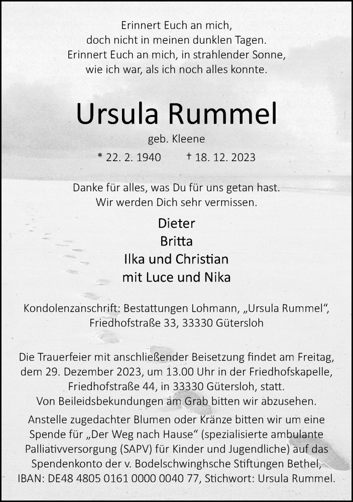 Traueranzeige für Ursula Rummel vom 23.12.2023 aus Neue Westfälische