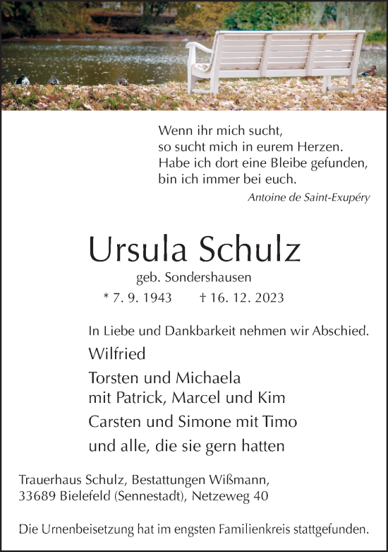 Traueranzeige von Ursula Schulz von Neue Westfälische