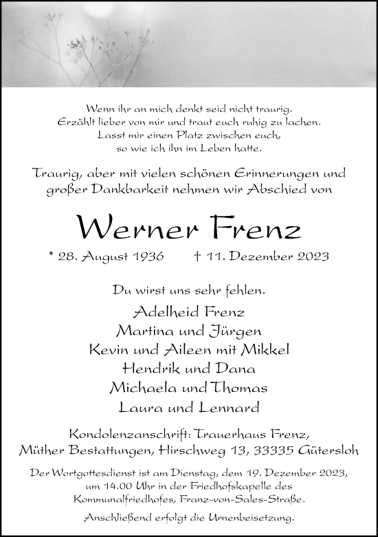 Traueranzeige von Werner Frenz von Neue Westfälische