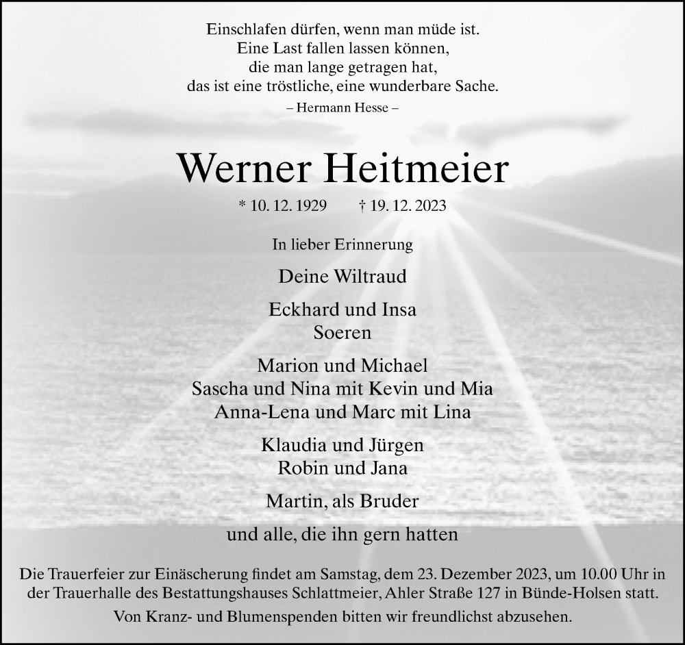  Traueranzeige für Werner Heitmeier vom 22.12.2023 aus Neue Westfälische