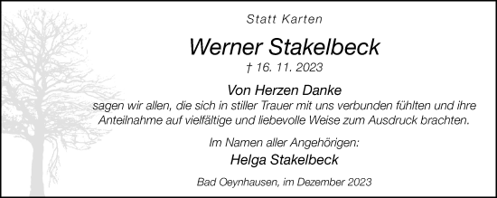 Traueranzeige von Werner Stakelbeck von Neue Westfälische