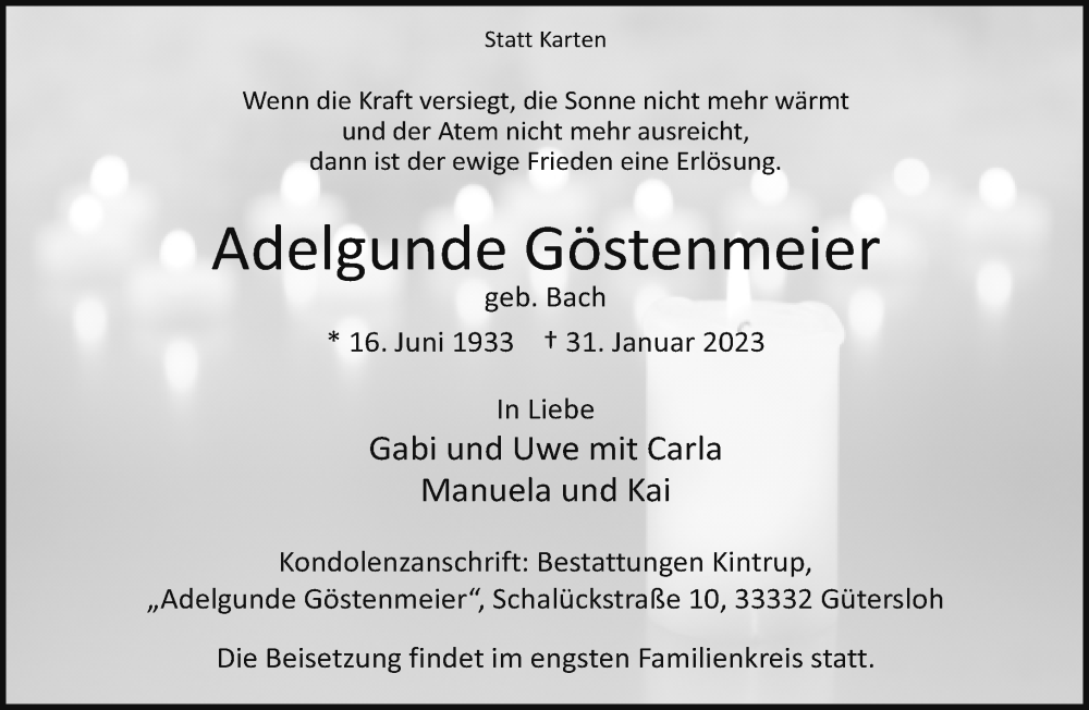  Traueranzeige für Adelgunde Göstenmeier vom 03.02.2023 aus Neue Westfälische