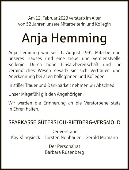Traueranzeige von Anja Hemming von Neue Westfälische
